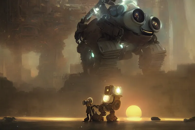 Prompt: wall-e in a scene from nier automata, artstation, concept art, smooth, sharp focus, illustration, art by and greg rutkowski and alphonse mucha