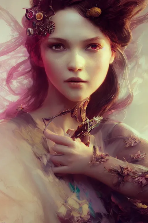 Prompt: face closeup beautiful girl fairy wearing velvet dress, 3 d render, holding electricity, hyper realistic detailed portrait, ruan jia, wlop, fantasy, hyper detailed, octane render, concept art, ornaments, mucha vibe, dieselpunk, solarpunk, artstation, peter mohrbacher