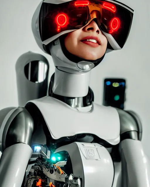 Image similar to centered portrait photo of young lorena herrera as a solarpunk mecha humanoid robotic parts wearing goggles with bright lights, real human face, pudica pose, inside white room, ultra - realistic and detailed, 8 k