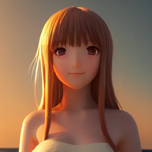 Image similar to Render of a very beautiful 3d anime girl, long hair, hazel eyes, cute freckles, full round face, short smile, cute sundress, golden hour, serene beach setting, medium shot, mid-shot, highly detailed, trending on Artstation, Unreal Engine 4k