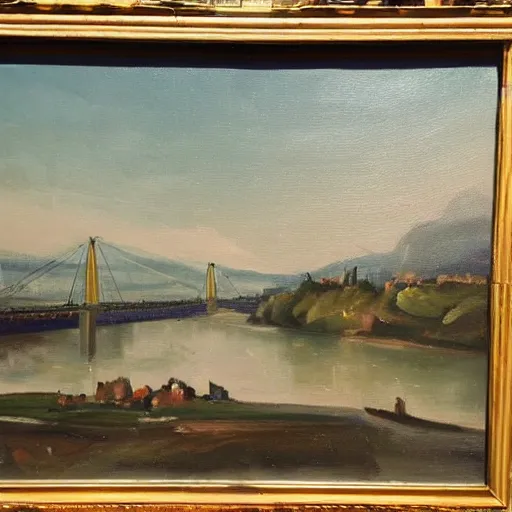 Prompt: very abstract painting of the rhine in basel, very rough brush strokes and splatters, oil on canvas, muted colors, great composition, by christ