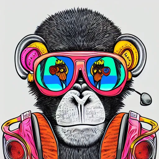 Prompt: colorful cute monkey with sunglasses and headphones, intricate ink drawing, highly detailed in the style of dan mumford