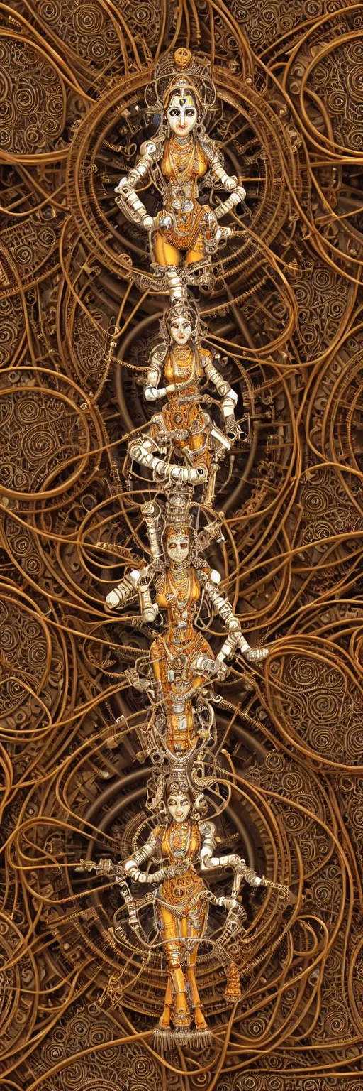 Image similar to seamless pattern of steampunk cybernetic biomechanical hindu goddess dugra, 3 d model, very coherent symmetrical artwork, unreal engine realistic render, 8 k, micro detail, gold white plastic and steel intricate, elegant, highly detailed, digital painting, artstation, smooth, sharp focus, illustration, artgerm, tomasz alen kopera, wlop