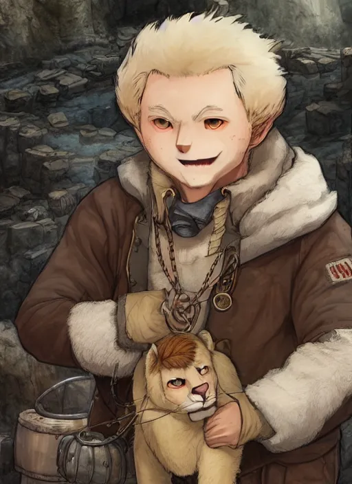 Image similar to fursona character portrait of a man with an albino mountain lion's head wearing miner's clothes at the mines. hidari, color page, tankoban, 4K, tone mapping, Akihiko Yoshida.