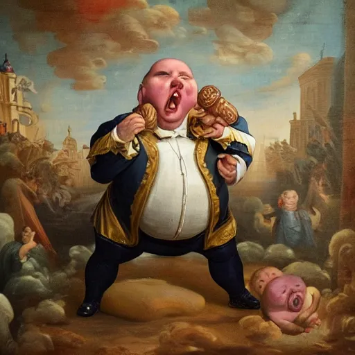 Prompt: childish fat politician with big stomch is eating souls of tiny peoples in baroque style