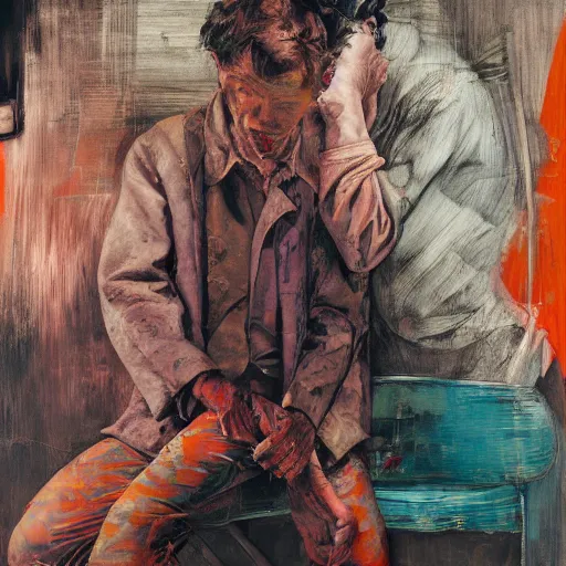 Image similar to high quality high detail painting of two men in agony in the city streets of london by lucian freud and jenny saville and francis bacon and norman rockwell and malcom liepke and nicola samori, hd, turquoise and purple and orange and pink, dark atmosphere