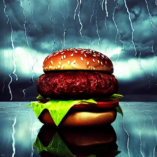 Prompt: a demonic burger, oil painting, thunderstorm, raindrops, cinematic, unreal engine