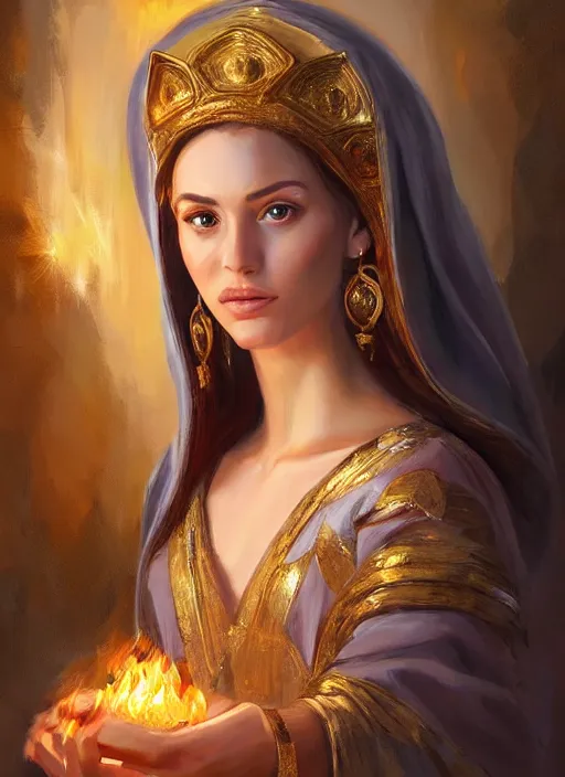 Image similar to Portrait of a beautiful priestess from the oracle of Delphi, looking into the flames, greek mythology, high face detail, in the style of Julia Ustinovich, digital art, Vladimir Volegov