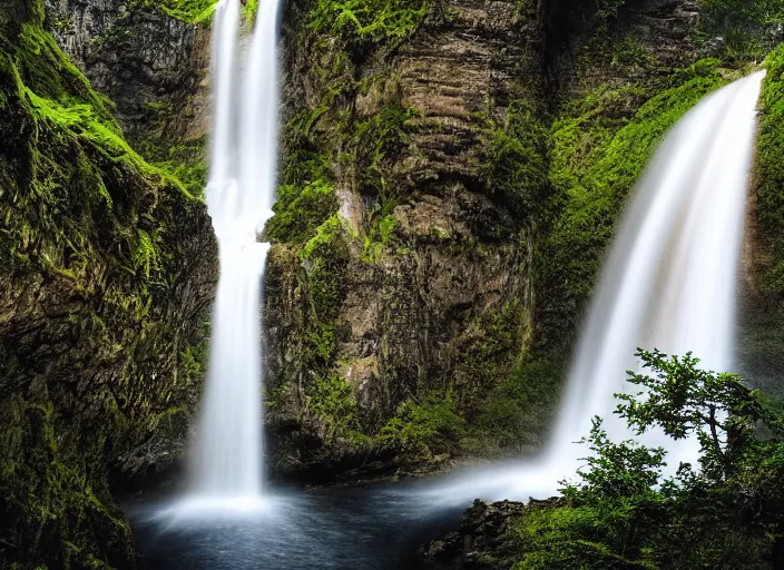 Image similar to a long capture photo of a magical waterfall, high cliff, night, stars in the sky