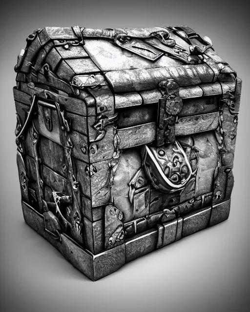 Image similar to a treasure chest, black and white, fantasy art, object art, illustration, fantasy, intricate, hyper detailed, artstation, concept art, smooth, sharp focus, ray tracing