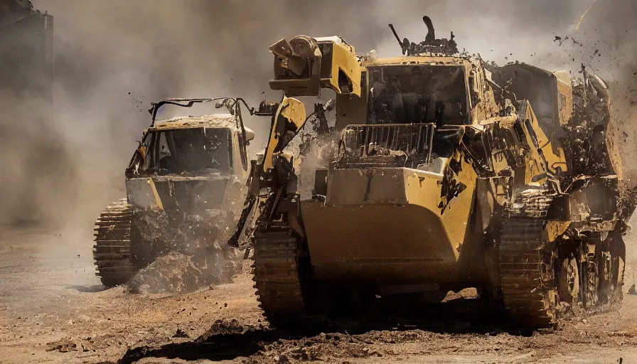 Image similar to big budget movie about the killdozer splattered in blood