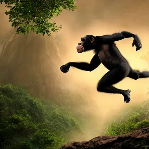 Image similar to Angry Chimpanzee Jumping, Epic Jump, Cinematic Photo, Cinematic Shot, Jungle, Foliage Boris Vallejo, Epic, 8k resolution, ArtStation, Hyperrealistic