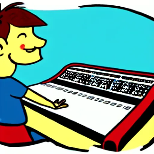 Prompt: cartoon illustration of a kid on a music studio mixing console in the style of The Beano