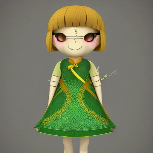 Image similar to cute fumo plush of a girl in a green and gold celtic pattern dress, traditional, vray