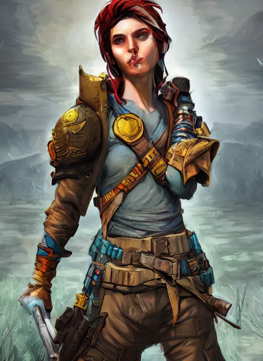 Image similar to A fantasy comic book style portrait painting of a female ranger in a bright post apocalyptic setting, unreal 5, DAZ, hyperrealistic, octane render, RPG portrait, dynamic lighting