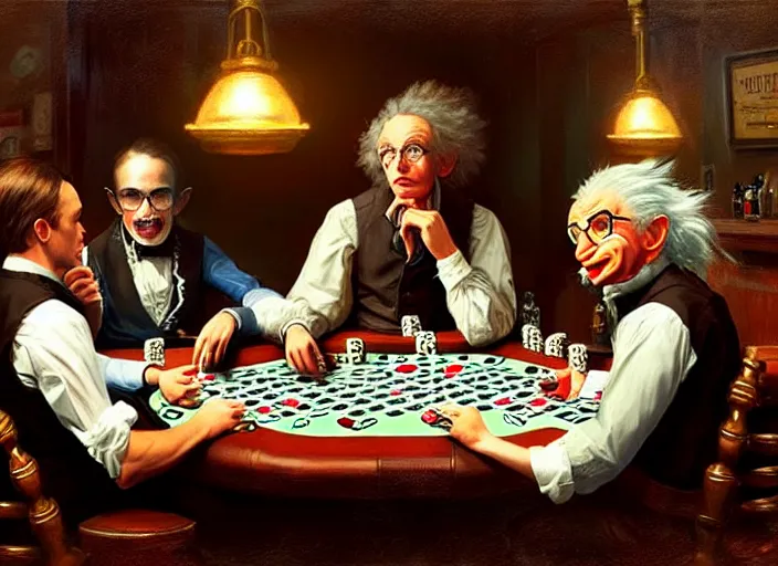 Image similar to playing poker in a saloon, Isaac Newton and Stephen Hawking and Albert Einstein, by Mandy Jurgens, trending on artstation, Richard Schmid and norman rockwell