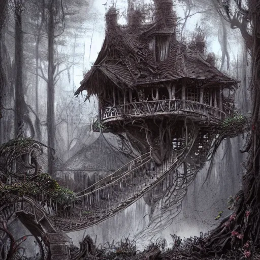 Prompt: dilapidated rotting treehouse, hidden away within the witchwood forest, evil fairies, overgrown, mist, detailed intricate ink illustration, dark atmosphere, detailed illustration, hd, 4k, digital art, overdetailed art, concept art, by greg rutkowski, by loish, complementing colors, Trending on artstation, deviantart