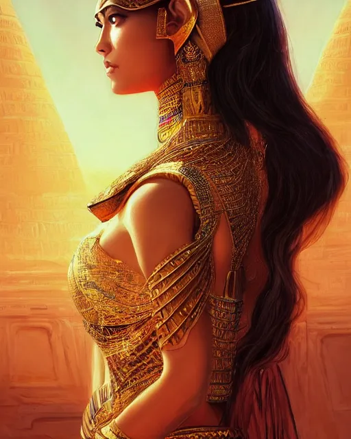 Image similar to Jessica Kahawaty as a beautiful egyptian princess, gorgeous, portrait, powerful, intricate, beautiful, masterpiece, elegant, volumetric lighting, back lighting, rimlight, dramatic lighting, digital painting, highly detailed, artstation, sharp focus, illustration, Artgerm, Jean-Léon Gérôme , ruan jia