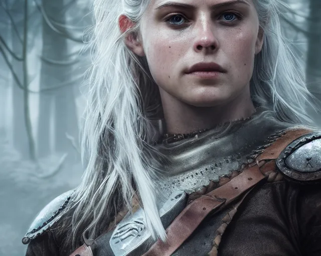 Prompt: 5 5 mm portrait photo of a real life tough looking freya allen as ciri in brown leather armor with silver hair and a large scar along her left cheek, in a magical forest. dark atmosphere. art by greg rutkowski. highly detailed 8 k. intricate. lifelike. soft light. nikon d 8 5 0.