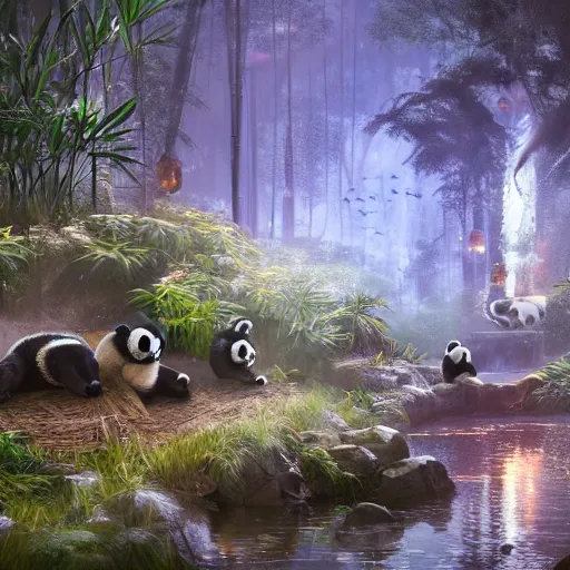 Image similar to world of pandas, bamboos, magical world, by greg rutkowski, sung choi, photo realistic, 8 k, cinematic lighting, hd, atmospheric, hyperdetailed, trending on artstation, devainart, digital painting, glow effect