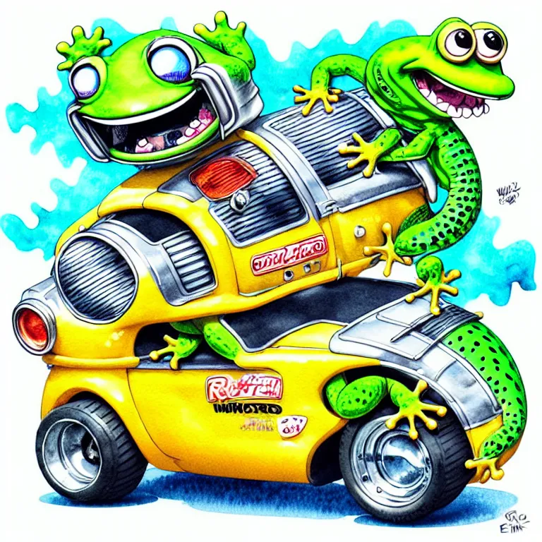 Image similar to cute and funny, gecko wearing a helmet riding in a hot rod with oversized engine, ratfink style by ed roth, centered award winning watercolor pen illustration, isometric illustration by chihiro iwasaki, edited by range murata, tiny details by artgerm and watercolor girl, symmetrically isometrically centered, sharply focused