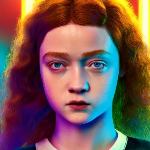 Image similar to Sadie Sink portrait, Cyberpunk 2077, ultra photorealistic, cybernetic body parts, neon, octane, bokeh, 8k