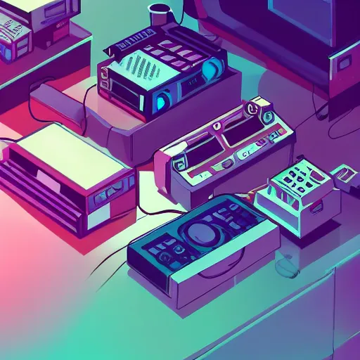 Image similar to aerial view of a guy laying on the floor of his bedroom surrounded by electronics computers food video games, vaporwave colors, faded effect, highly detailed, digital painting, artstation, concept art, soft light, sharp focus, illustration