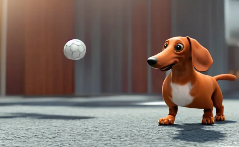 Prompt: happy dachshund catching a ball, detailed fur, soft, suit, suitcase, business outfit, cgi, 3 d animation, pixar