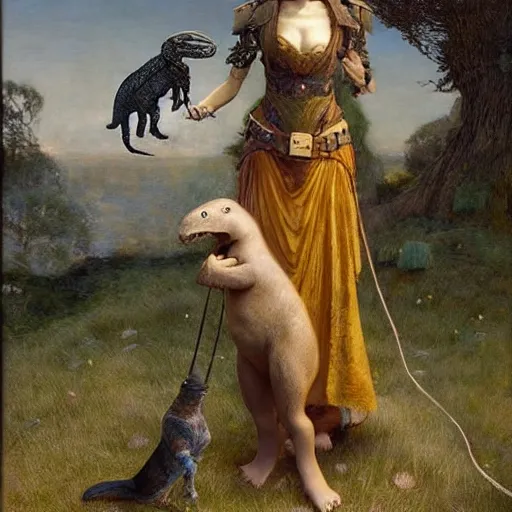 Image similar to epic masterpiece full body portrait a beautiful woman with a small dinosaur as a pet on a leash, by Edgar Maxence and Ross Tran and Michael Whelan