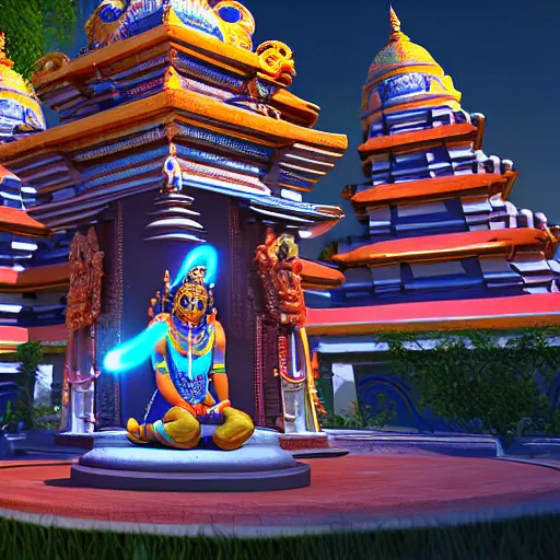 Image similar to vishnu descending from an ufo over a temple in india during the night, cinematic, unreal engine 5