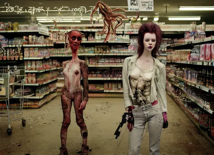 Prompt: 28mm photo of a woman in post apocalyptic supermarket, in the style of David cronenberg ,scary, weird, high fashion, ID magazine, vogue magazine, magazine, surprising, freaky, freak show, realistic, sharp focus, 8k high definition, medium format film photography, photo realistic, insanely detailed, intricate, elegant, art by yoshitaka amano and David kostic and stanley lau and artgerm