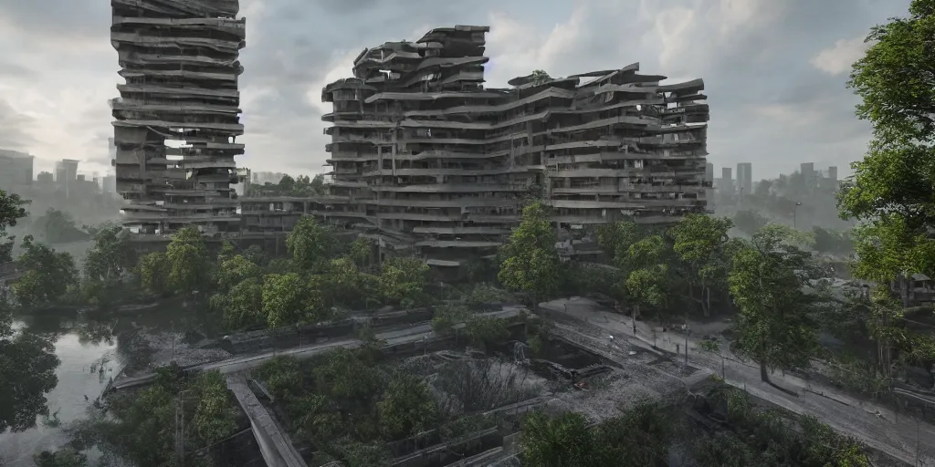 Image similar to an extremely detailed building, brutalist architecture, streetscapes, surrounded by lush green forest and murky ponds of water, stunning volumetric lighting, sunset, rusted steel, smooth solid concrete, stunning skies, trending on Artstation, 8k, photorealistic, hyper detailed, unreal engine 5, IMAX quality, cinematic, epic lighting, in the style of the game DOOM, by Greg Rutkowski