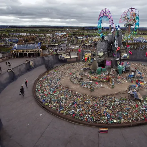 Prompt: a wide-angle aerial view photo of Dismaland Bemusement Park by Banksy, 8k, award winning photography