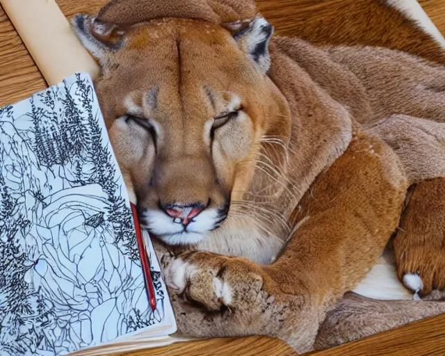 Image similar to unfinished colouring book showing 'a cougar sleeping in the middle of snowy pine tree' laying on coffee table, zoomed out shot, HD, iphone capture