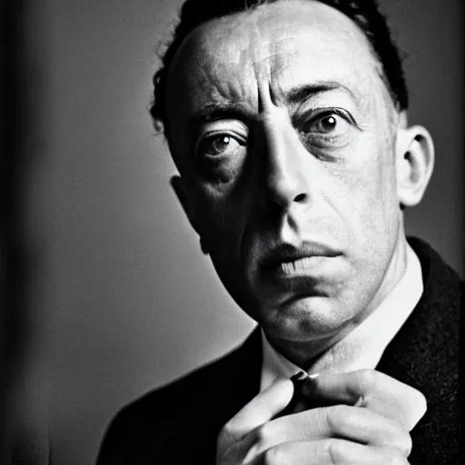 Image similar to 8k black and white photograph portrait of Albert Camus. National Geographic.