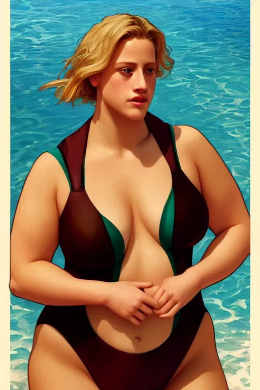 Prompt: very obese lili reinhart in swimsuit, realistic, symmetrical, highly detailed, digital painting, artstation, concept art, smooth, sharp focus, illustration, cinematic lighting, art by artgerm and greg rutkowski and alphonse mucha