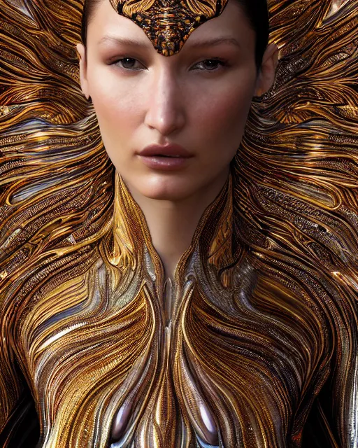 Image similar to a highly detailed metahuman 8 k close up render of bella hadid as alex grey art renaissance in iris van herpen dress in style of gustav klimt trending on artstation made in unreal engine 4