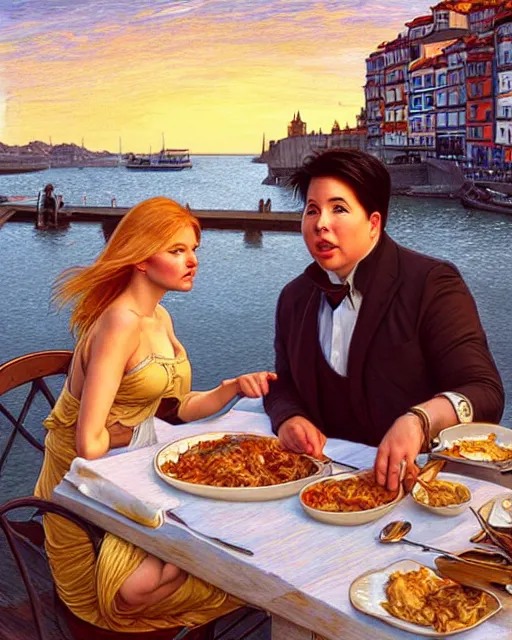 Image similar to Portrait of Michael Mcintyre & a blonde lady eating lasagna on waterfront in Porto, sunset, real life skin, intricate, elegant, highly detailed, artstation, concept art, smooth, sharp focus, art by artgerm and greg rutkowski and alphonse mucha