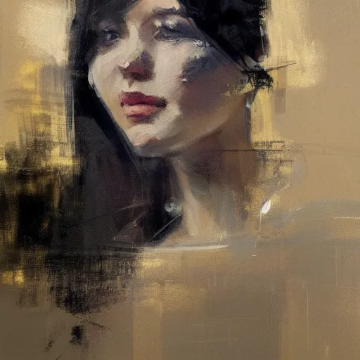 Prompt: spontaneous unfinished romantic portrait, beautiful juicy brush strokes, by Richard schmid and Sargent, low key lighting, black and gold underpainting, trending on cgsociety, expressionism, linen canvas
