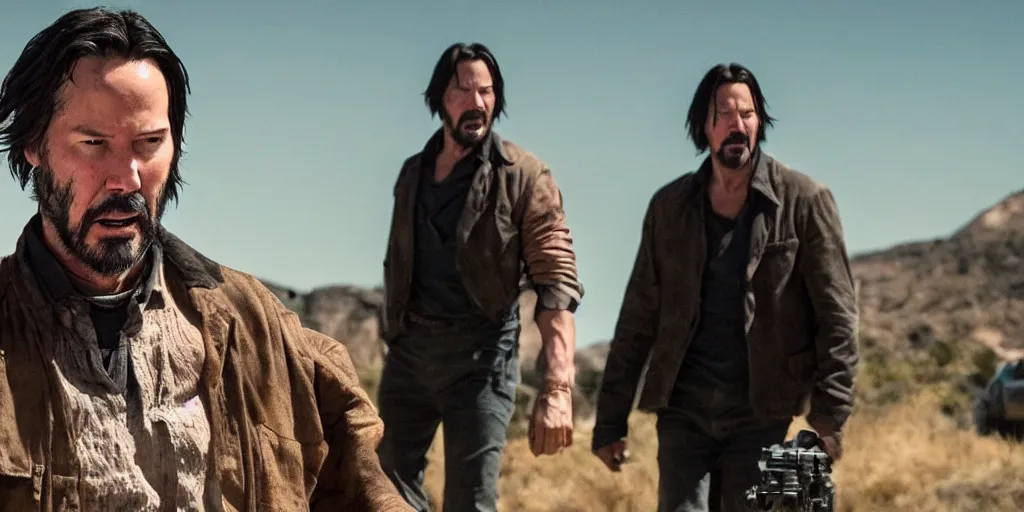 Image similar to old keanu reeves in Logan, cinematic, ultrawide angle