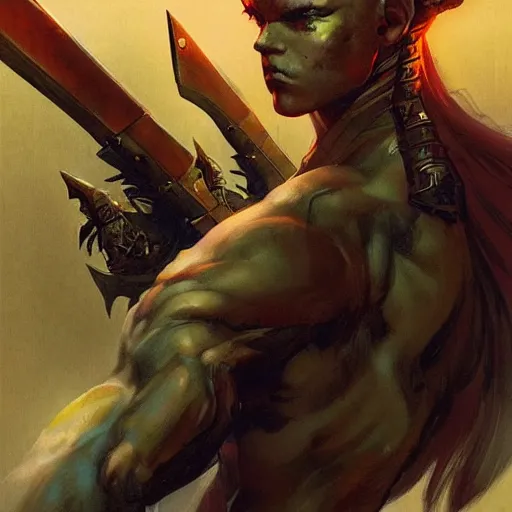 Image similar to warrior by peter andrew jones and akihiko yoshida, rule of thirds, seductive look, beautiful