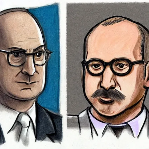 Prompt: court sketch of guilty prison jumpsuit wearing bob odenkirk with trimmed mustache, wearing glasses, being cross - examined by david cross during trial, sketch by marilyn church