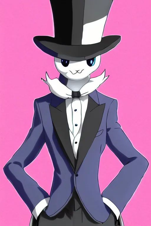 Image similar to anime guy wearing a top hat and suit, mewtwo, highly detailed, digital art, sharp focus, ambient glow, trending on art station, anime art style