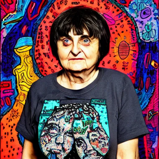 Image similar to agnes varda in the style of daniel johnston and outsider art, no photo, 4k