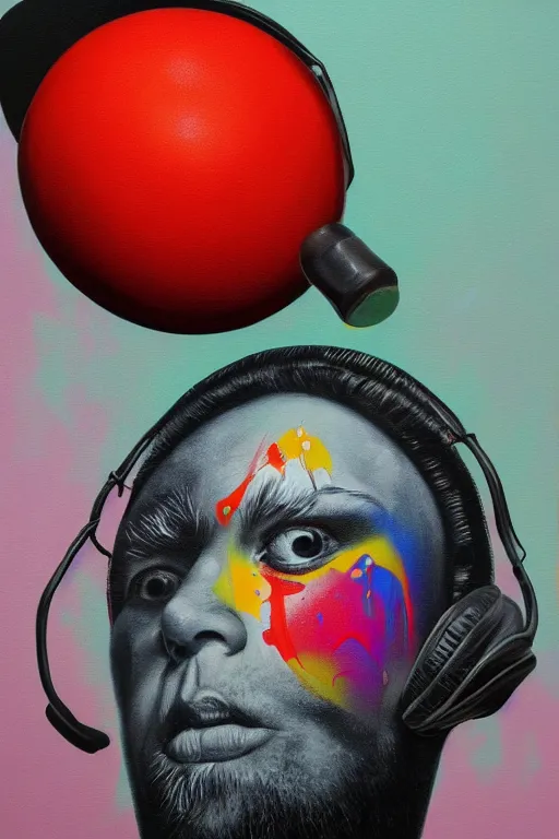 Image similar to hyperrealism surrealism acrylic painting, aerosol splashes on paper, close - up portrait of bowling ball - with big headphones and a mime sweater art by jeff soto