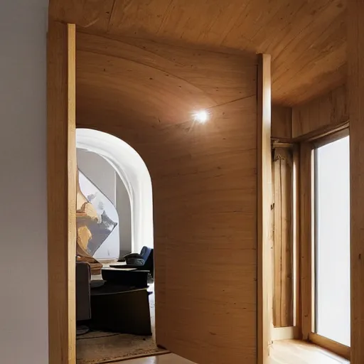 Prompt: a portal inside a living room, the portal leads directly to switzerland