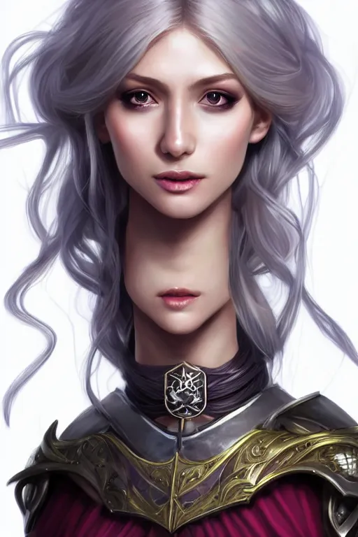 Prompt: a full body portrait of a gorgeous female paladin, D&D, choker on neck, stylish dress, very long flowing hair, intricate, elegant, stylish, cute slightly nerdy smile, mouth slightly open, fantasy, extremely detailed, digital painting, artstation, concept art, smooth, sharp focus, illustration, stunning lighting, art by artgerm and greg rutkowski and alphonse mucha and simon stalenhag