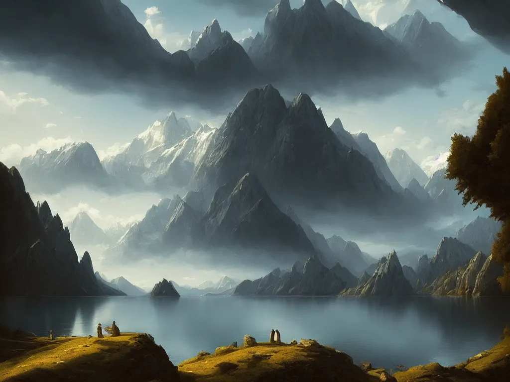 Image similar to beautiful serene landscape, mountains, lake, by raphael lacoste, low angle, wide angle, artstation