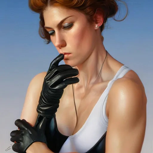 Image similar to a portrait of a woman wearing a white tank top and wearing lether gloves with black jeans and helmet, highly detailed, centered, digital painting, artstation, concept art, donato giancola, Joseph Christian Leyendecker, WLOP, Boris Vallejo, Breathtaking