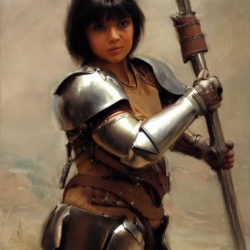 Image similar to close up of dora the explorer wearing leather armor, cinematographic shot, by daniel f. gerhartz